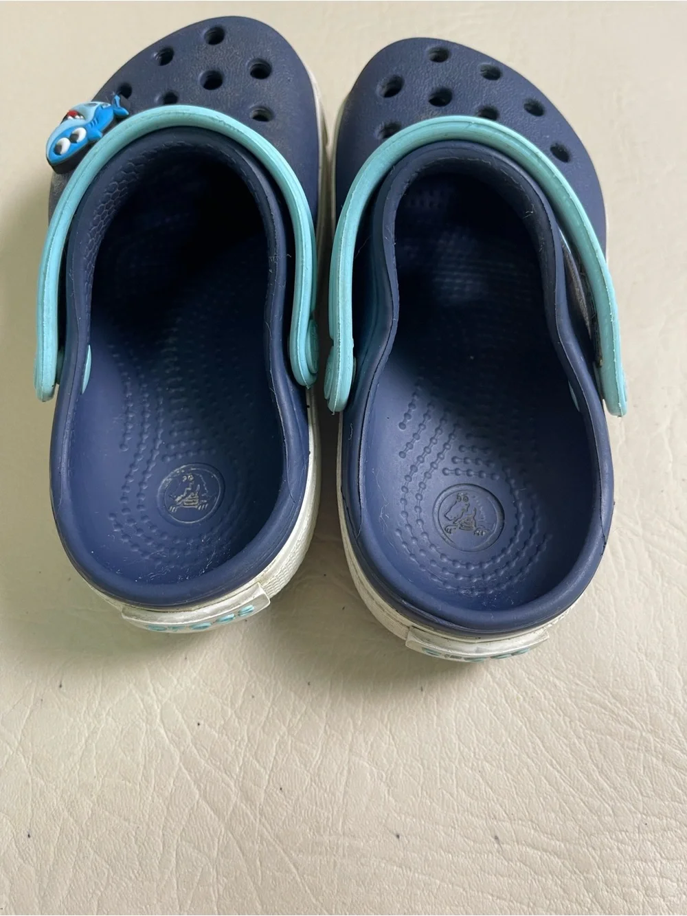 CROCS Kids Navy Clogs with Light Blue Strap and Shark Charm